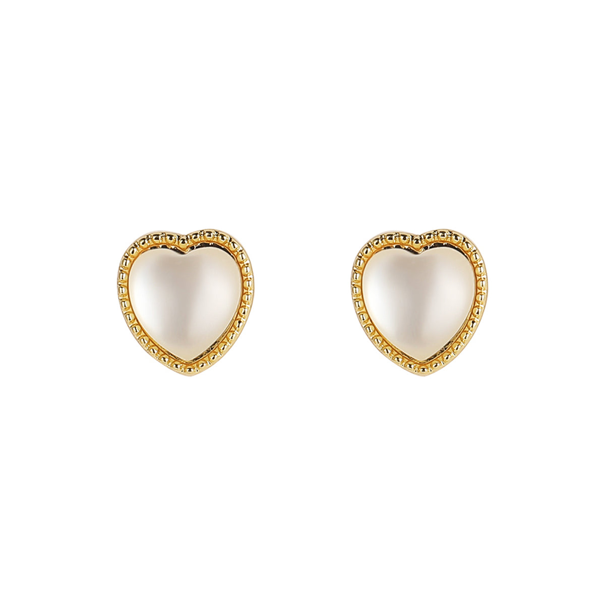 White Cats Eye and 18K Gold-Plated Heart Stud Earrings, gold stud earrings for women, elegant gift for her, front view