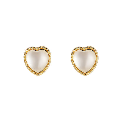 White Cats Eye and 18K Gold-Plated Heart Stud Earrings, gold stud earrings for women, elegant gift for her, front view