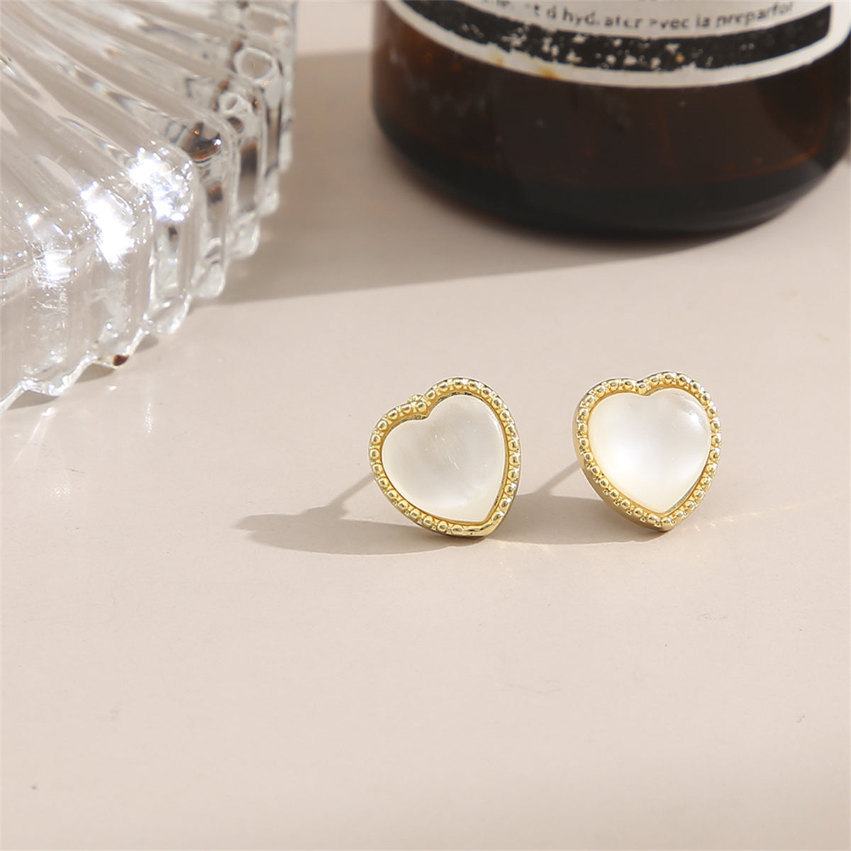 White Cats Eye and 18K Gold-Plated Heart Stud Earrings, gold stud earrings for women, elegant gift for her, styled look