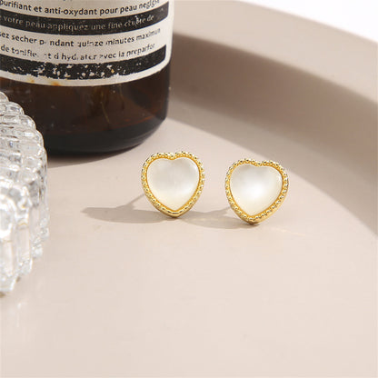 White Cats Eye and 18K Gold-Plated Heart Stud Earrings, gold stud earrings for women, elegant gift for her, side view