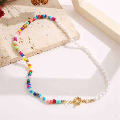 Red Multicolor Howlite and Pearl 18K Gold-Plated Beaded Choker Necklace, gold pendant necklace for women, detail close-up