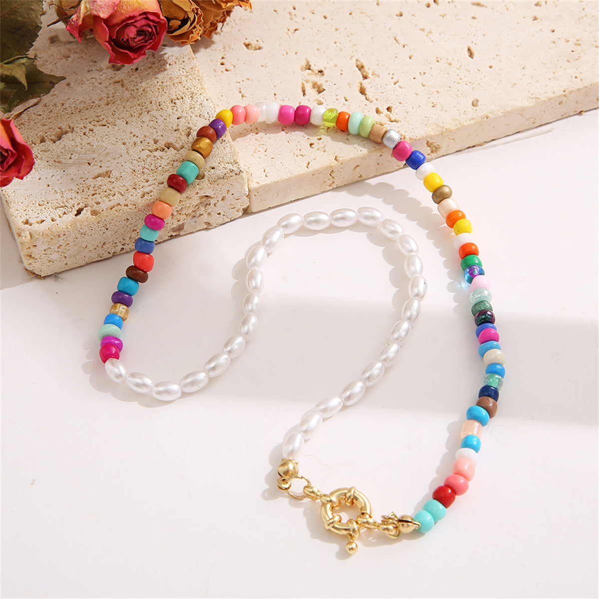 Red Multicolor Howlite and Pearl 18K Gold-Plated Beaded Choker Necklace, gold pendant necklace for women, lifestyle look