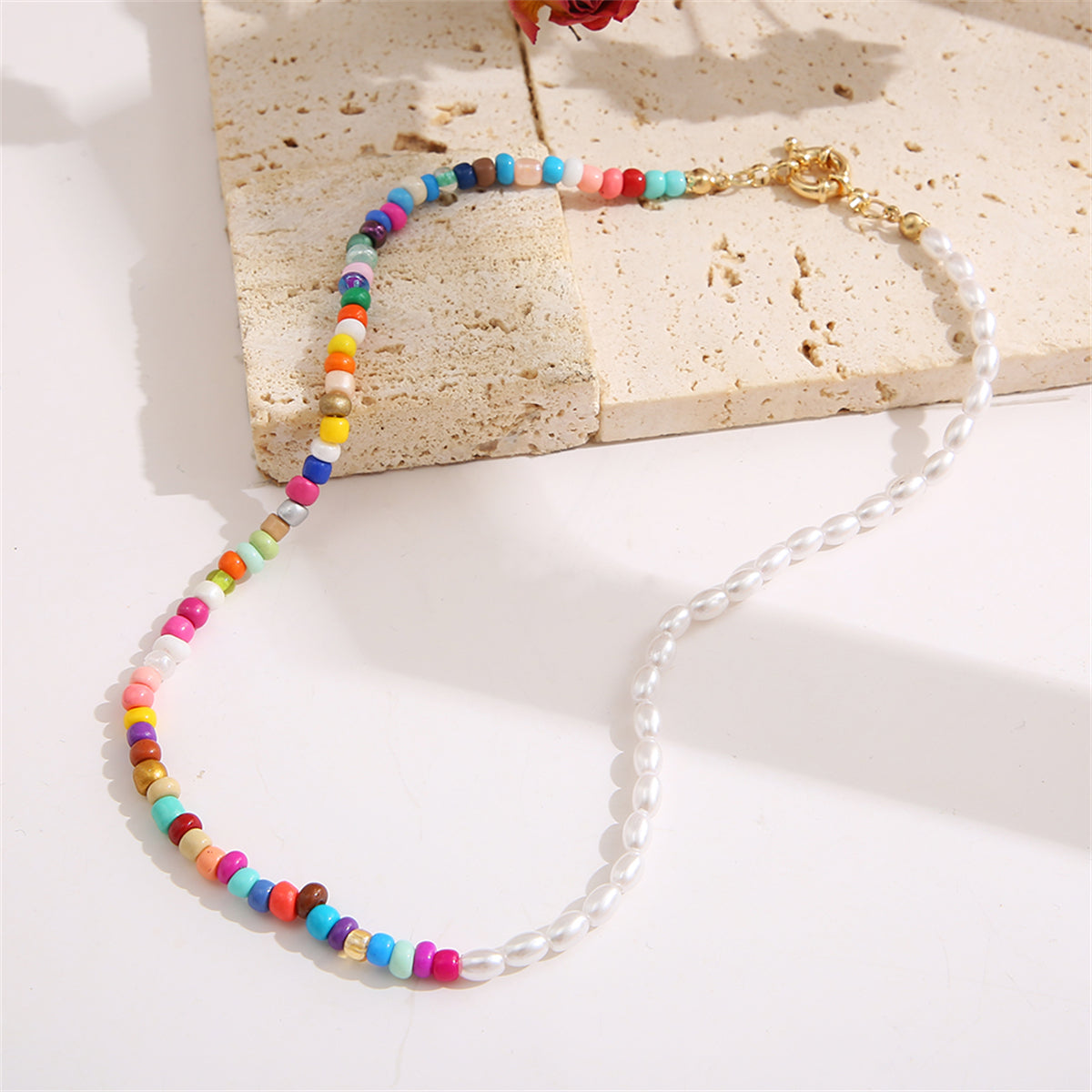 Red Multicolor Howlite and Pearl 18K Gold-Plated Beaded Choker Necklace, gold pendant necklace for women, styled look
