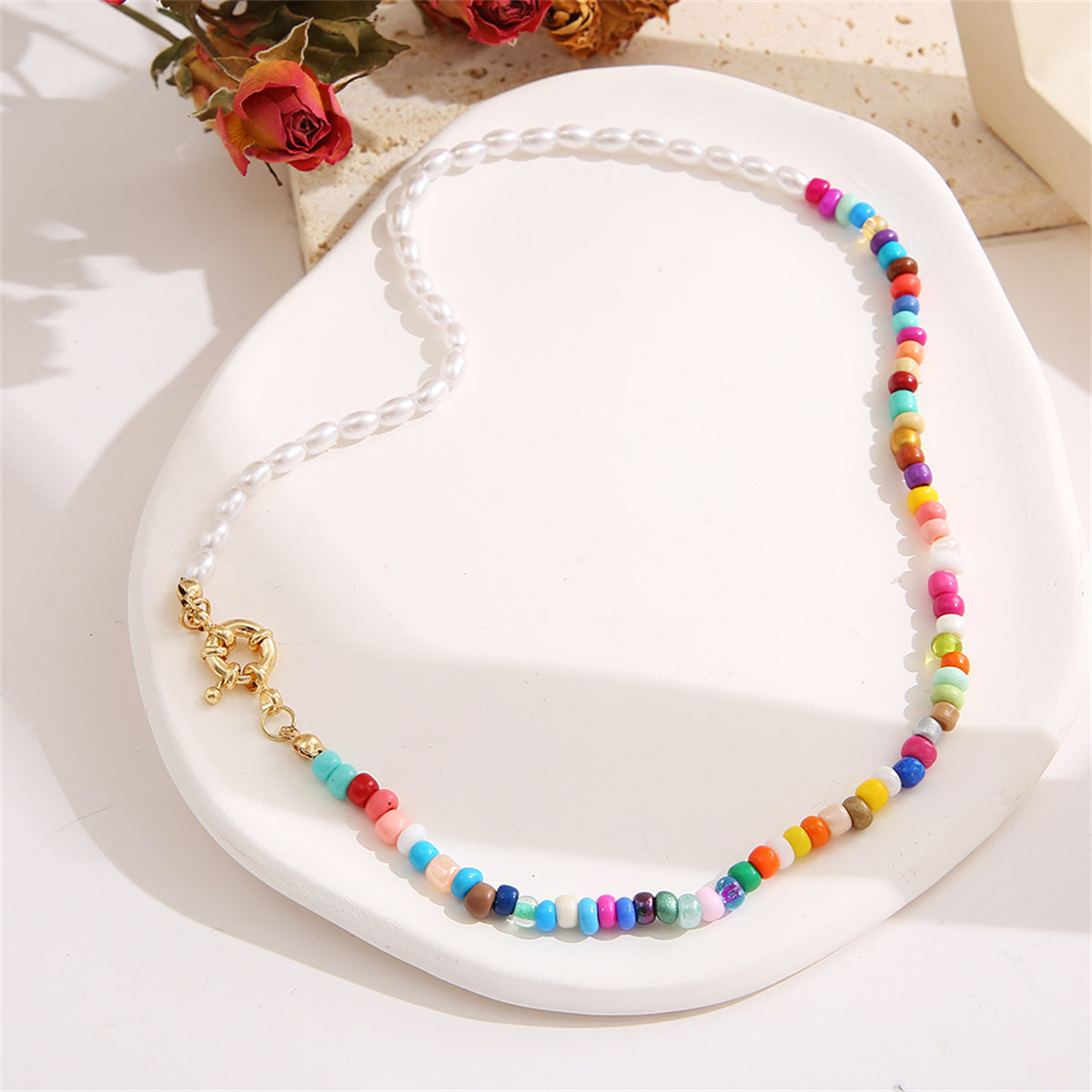 Red Multicolor Howlite and Pearl 18K Gold-Plated Beaded Choker Necklace, gold pendant necklace for women, side view