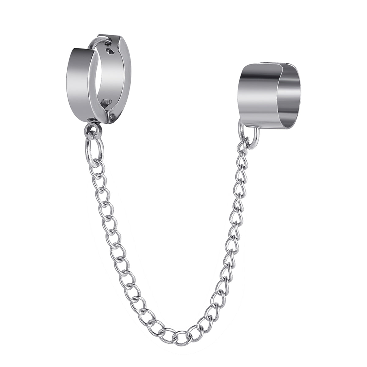 Silver-Plated Huggie Earring and Chain Ear Cuff, silver huggie earrings, dainty minimalist design, side view