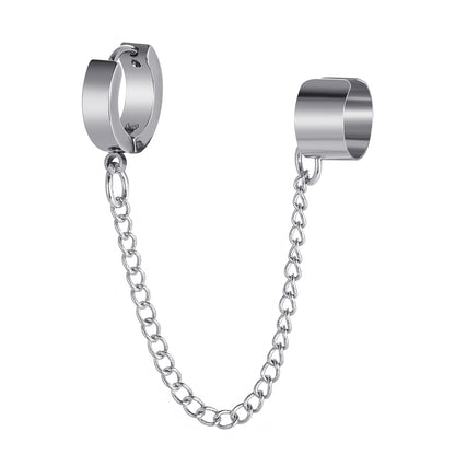 Silver-Plated Huggie Earring and Chain Ear Cuff, silver huggie earrings, dainty minimalist design, side view