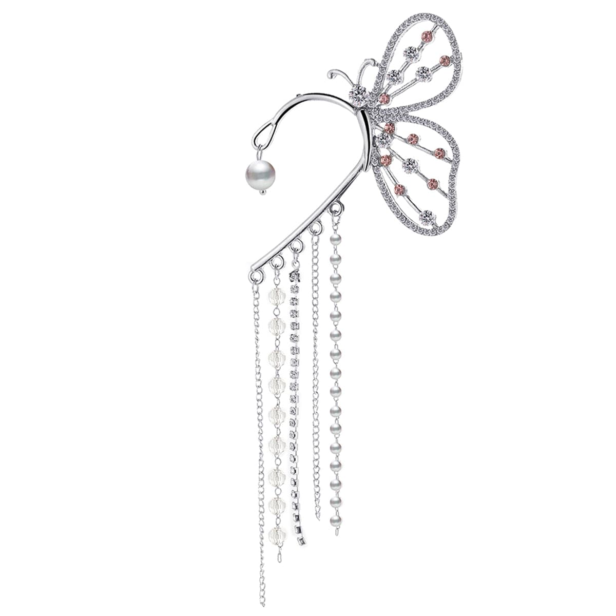 Cubic Zirconia and Pearl Silver-Plated Butterfly Tassel Ear Hanger, silver drop earrings for women, front view