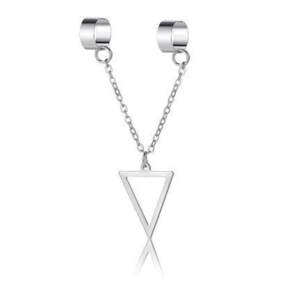 Silver-Plated Triangle Drop Double Ear Cuff, silver drop earrings for women, vintage-inspired design, detail close-up