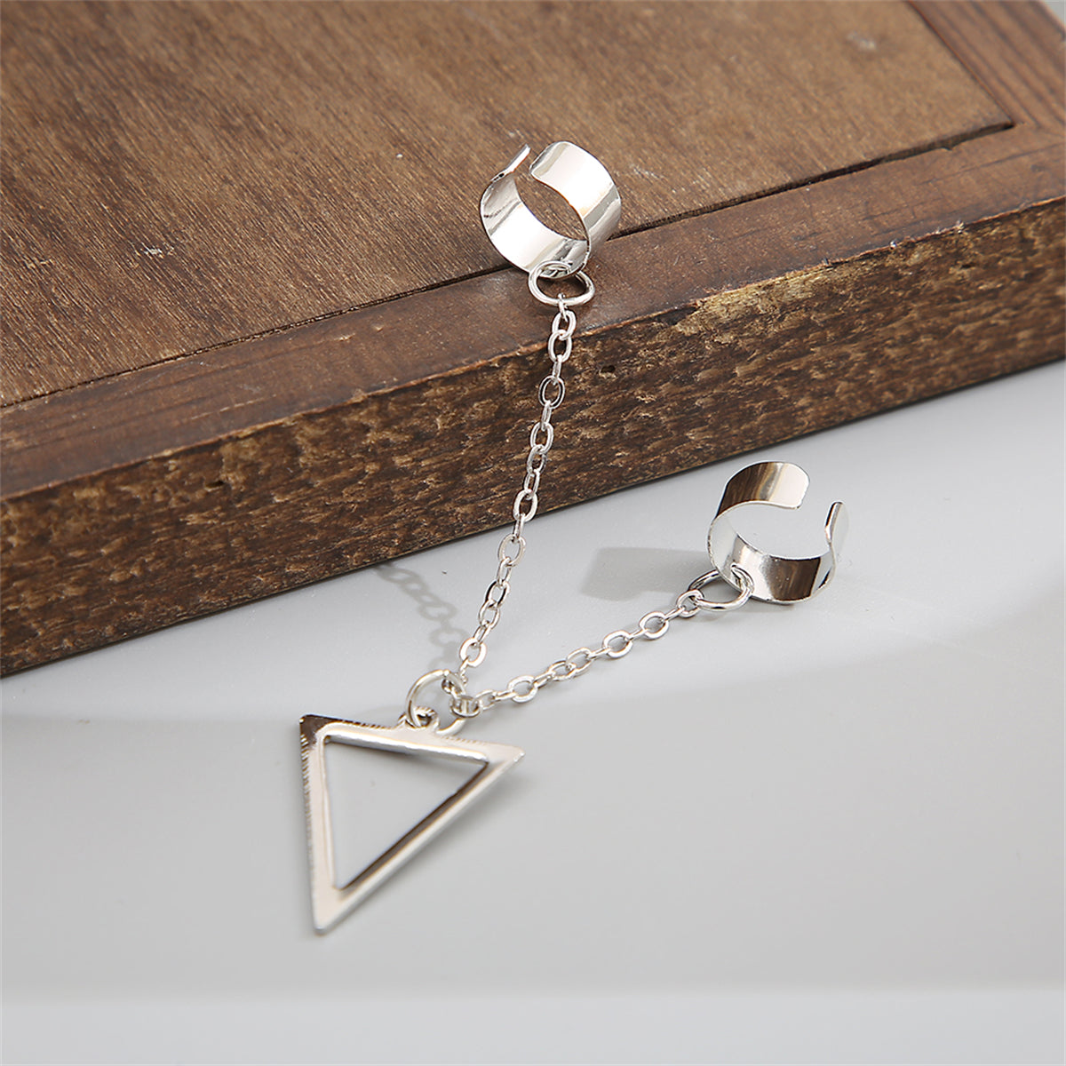 Silver-Plated Triangle Drop Double Ear Cuff, silver drop earrings for women, vintage-inspired design, lifestyle look