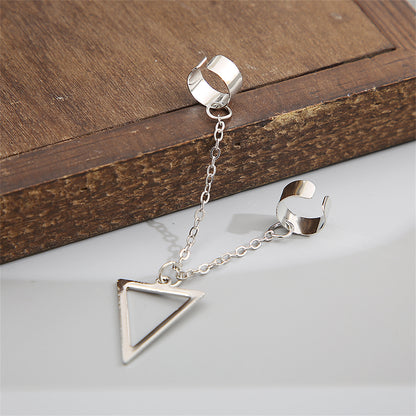 Silver-Plated Triangle Drop Double Ear Cuff, silver drop earrings for women, vintage-inspired design, lifestyle look