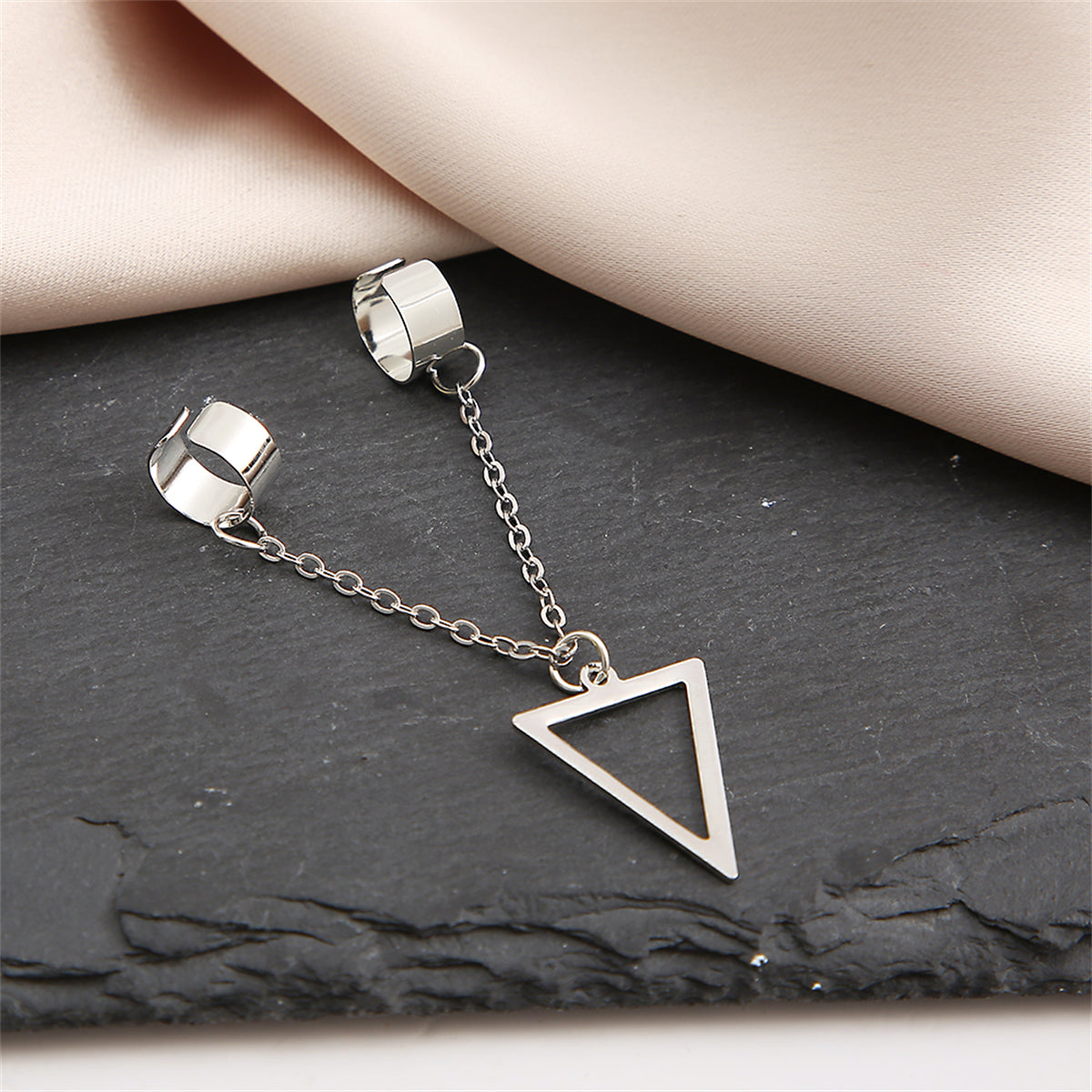 Silver-Plated Triangle Drop Double Ear Cuff, silver drop earrings for women, vintage-inspired design, side view