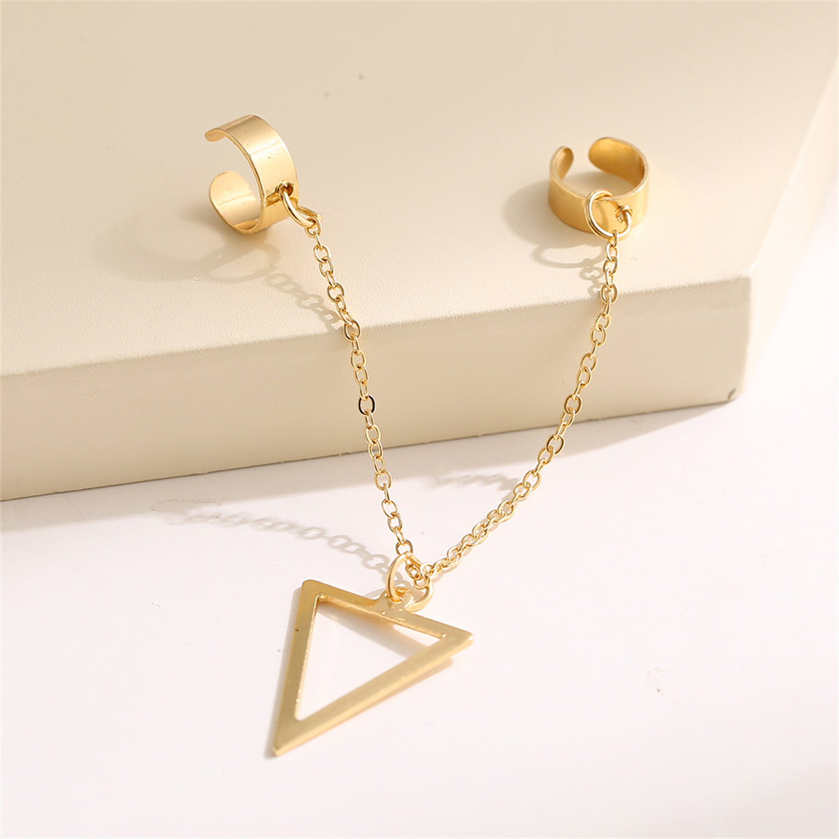 18K Gold-Plated Triangle Drop Double Ear Cuff, gold drop earrings for women, botanical inspired, detail close-up