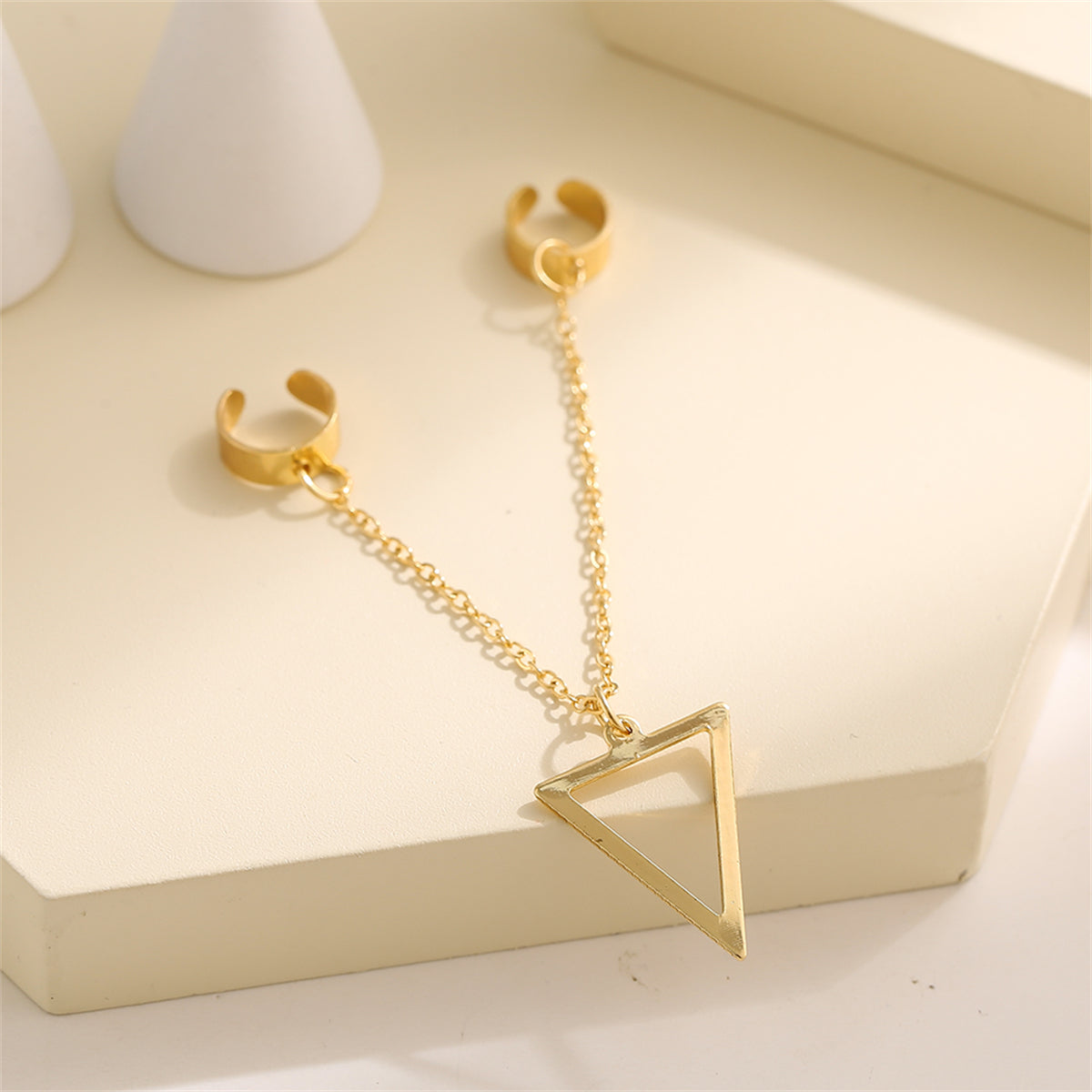 18K Gold-Plated Triangle Drop Double Ear Cuff, gold drop earrings for women, botanical inspired, lifestyle look