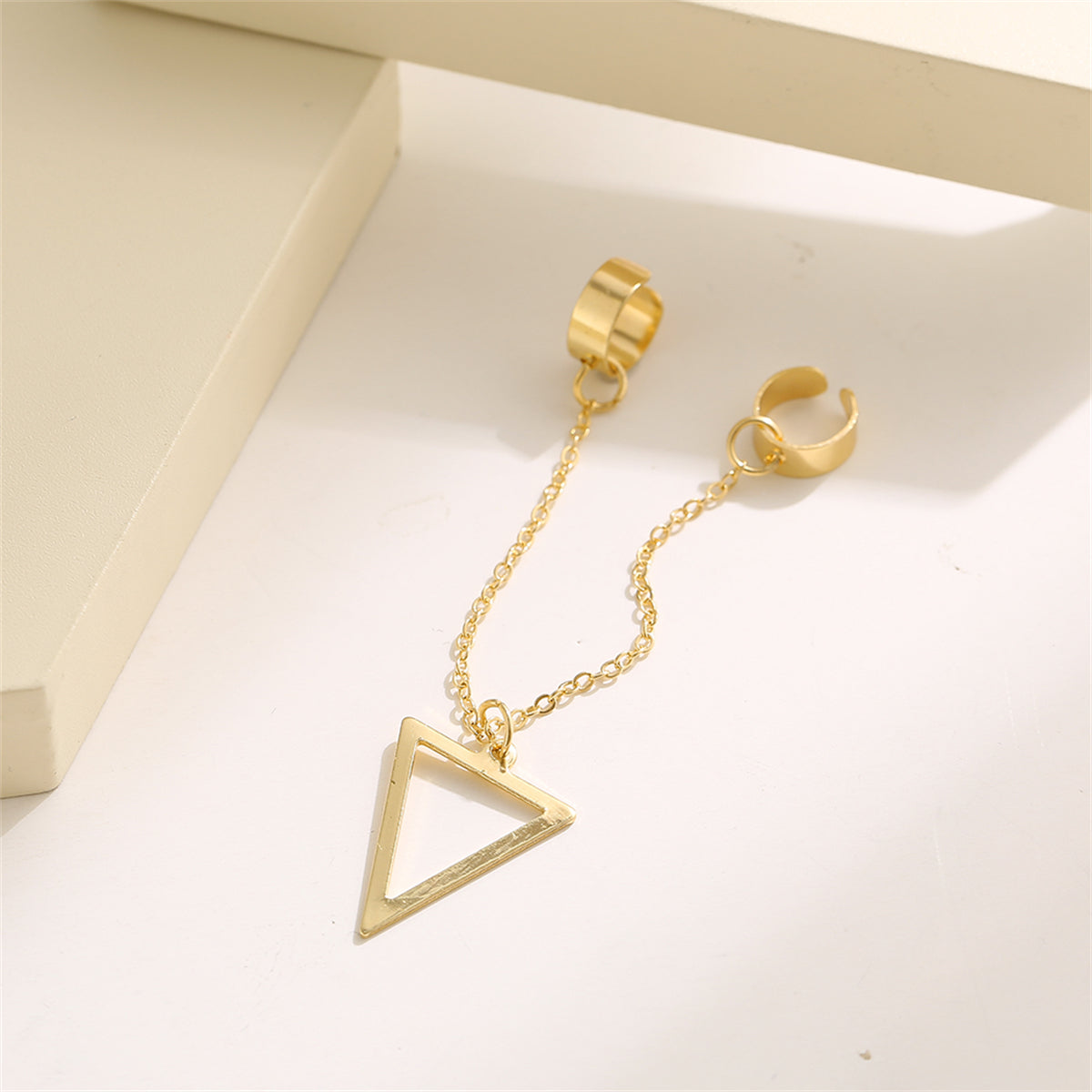18K Gold-Plated Triangle Drop Double Ear Cuff, gold drop earrings for women, botanical inspired, styled look