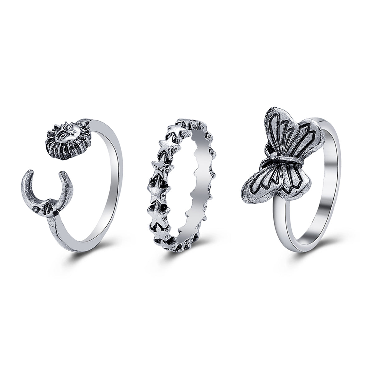 Silver-Plated Celestial Bypass Ring Set, jewelry gift sets for women, dainty minimalist design, side view