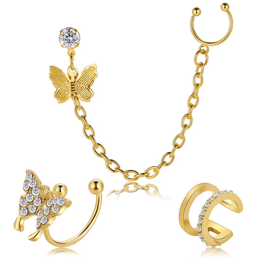 Cubic Zirconia and 18K Gold-Plated Butterfly Chain Ear Cuff Set, gold ear cuff for women, elegant gift for her, front view