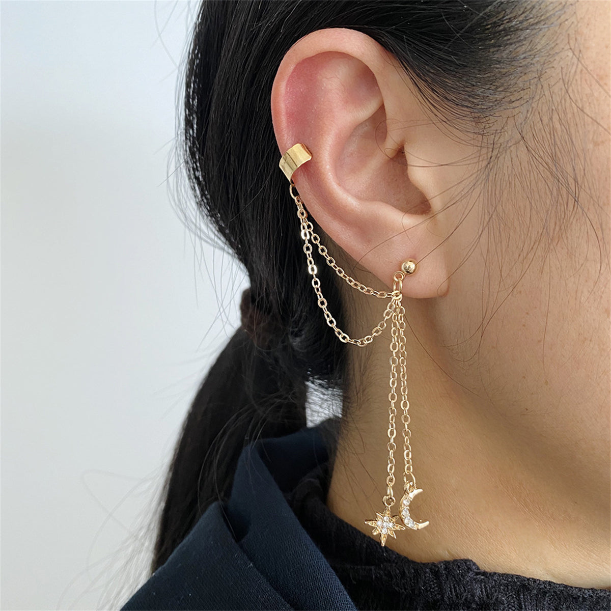 Cubic Zirconia and 18K Gold-Plated Chain Ear Cuff and Celestial Drop Earring, gold drop earrings for women, front view