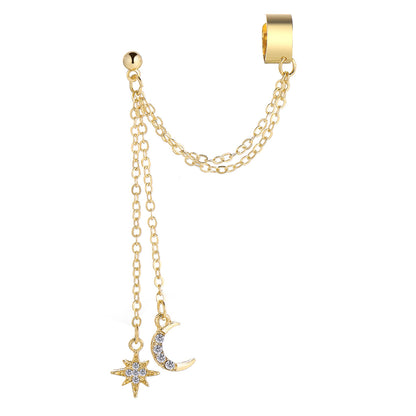 Cubic Zirconia and 18K Gold-Plated Chain Ear Cuff and Celestial Drop Earring, gold drop earrings for women, side view
