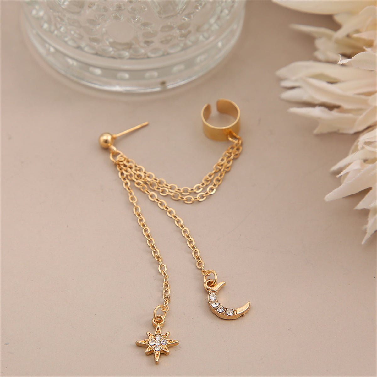 Cubic Zirconia and 18K Gold-Plated Chain Ear Cuff and Celestial Drop Earring, gold drop earrings for women, detail close-up