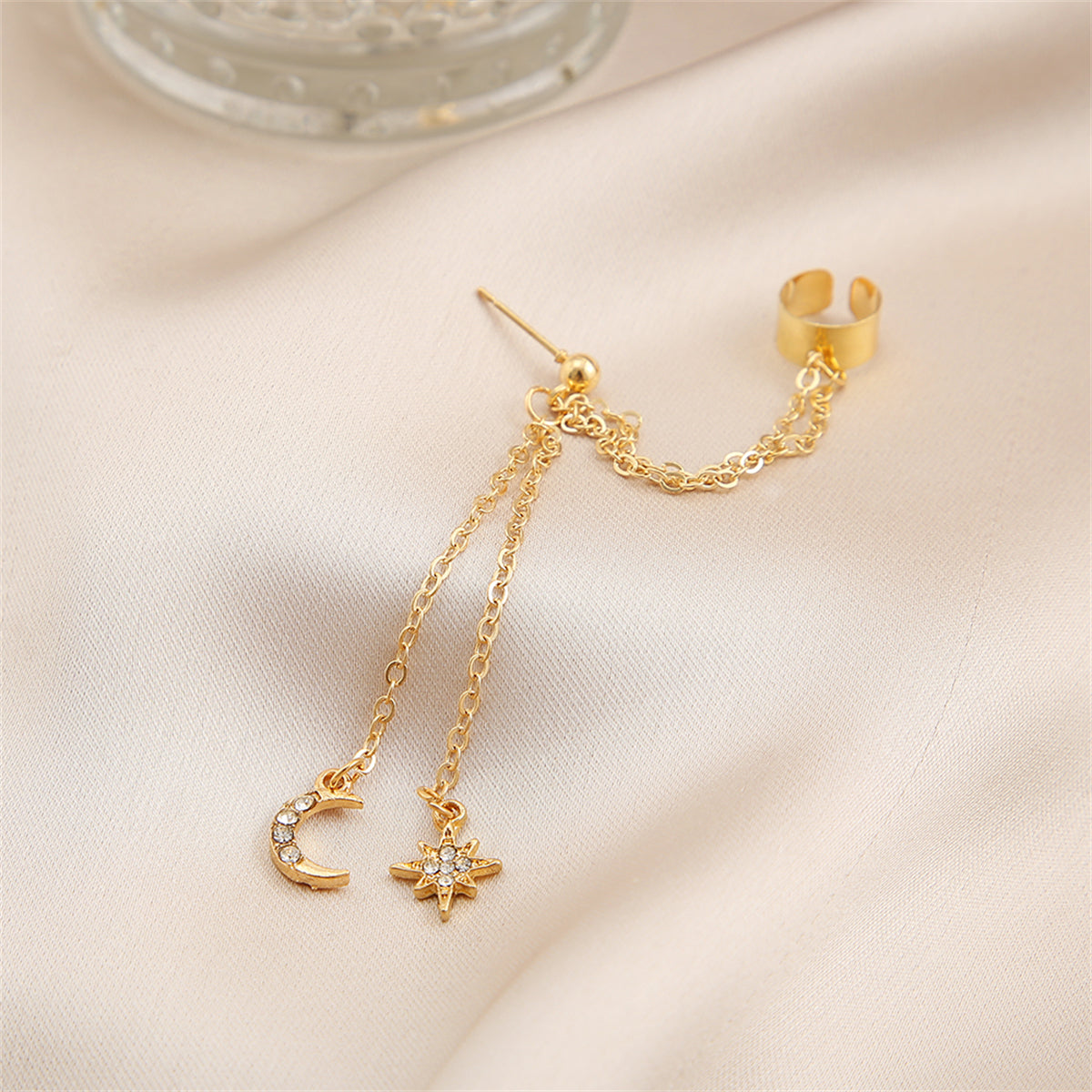 Cubic Zirconia and 18K Gold-Plated Chain Ear Cuff and Celestial Drop Earring, gold drop earrings for women, lifestyle look