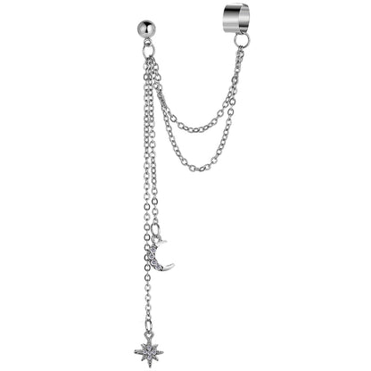 Cubic Zirconia and Silver-Plated Chain Ear Cuff and Celestial Drop Earring, silver drop earrings for women, front view