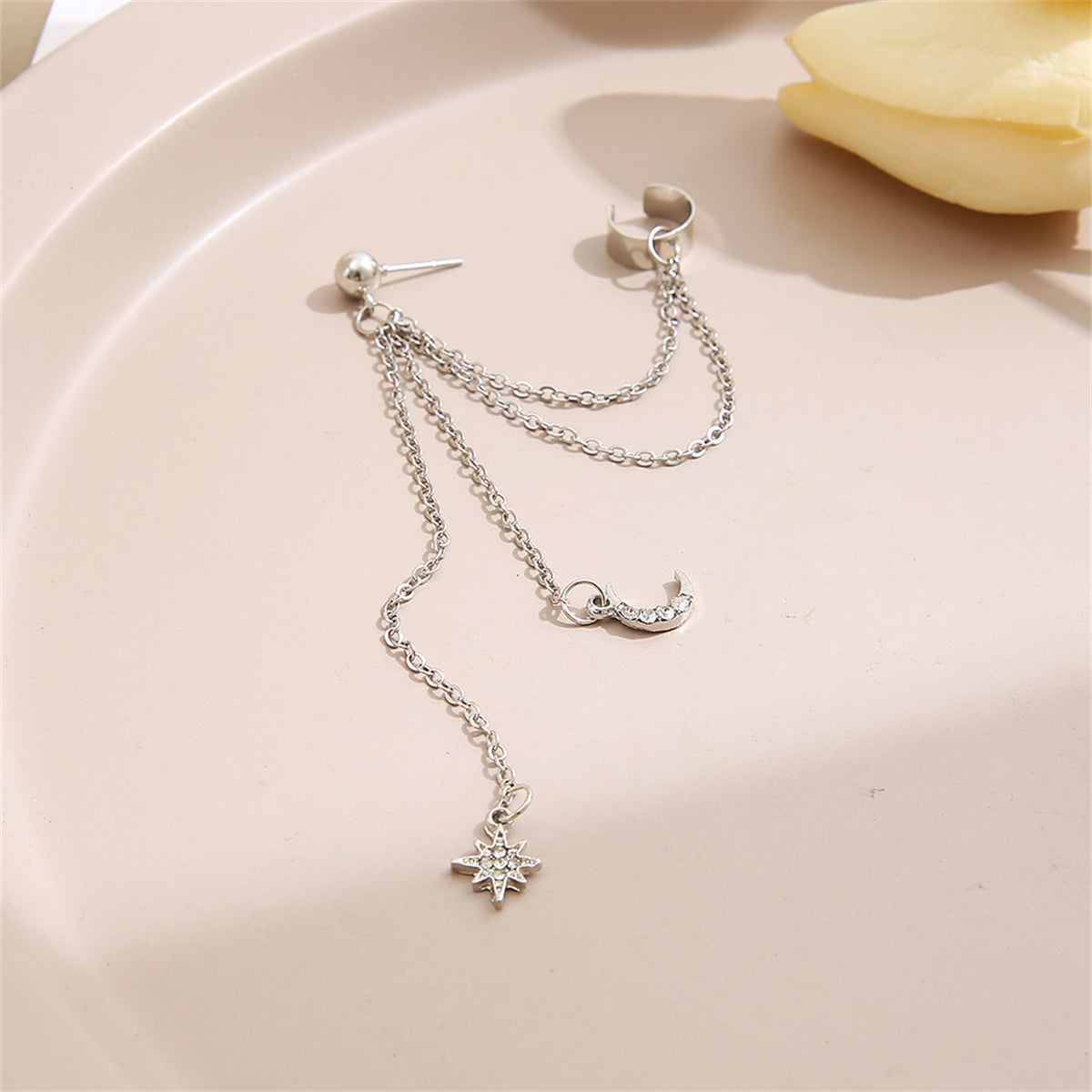 Cubic Zirconia and Silver-Plated Chain Ear Cuff and Celestial Drop Earring, silver drop earrings for women, lifestyle look