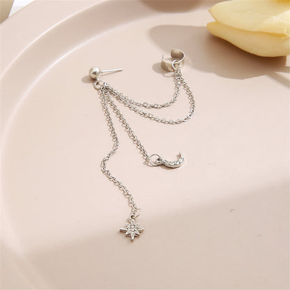 Cubic Zirconia and Silver-Plated Chain Ear Cuff and Celestial Drop Earring, silver drop earrings for women, lifestyle look