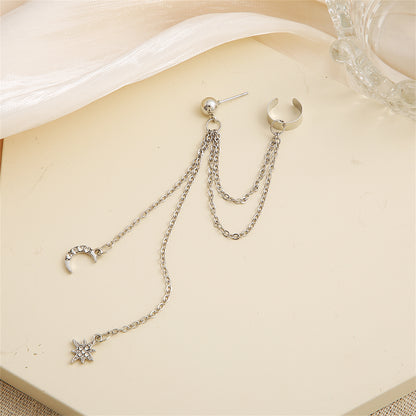 Cubic Zirconia and Silver-Plated Chain Ear Cuff and Celestial Drop Earring, silver drop earrings for women, styled look