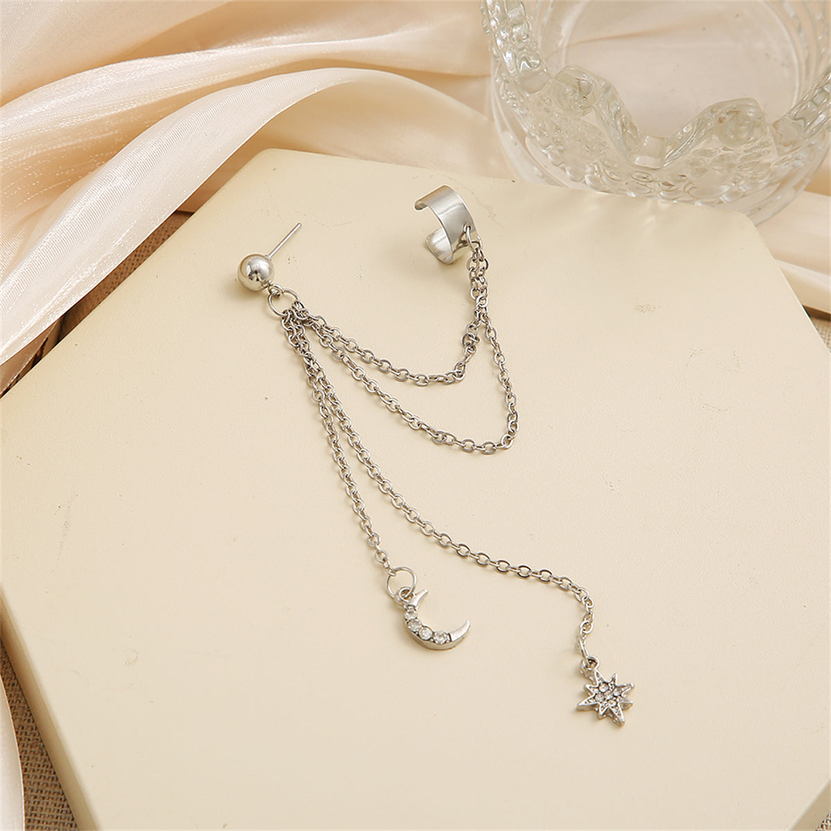 Cubic Zirconia and Silver-Plated Chain Ear Cuff and Celestial Drop Earring, silver drop earrings for women, side view