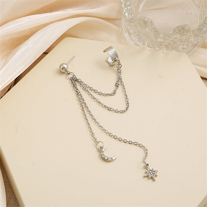 Cubic Zirconia and Silver-Plated Chain Ear Cuff and Celestial Drop Earring, silver drop earrings for women, side view