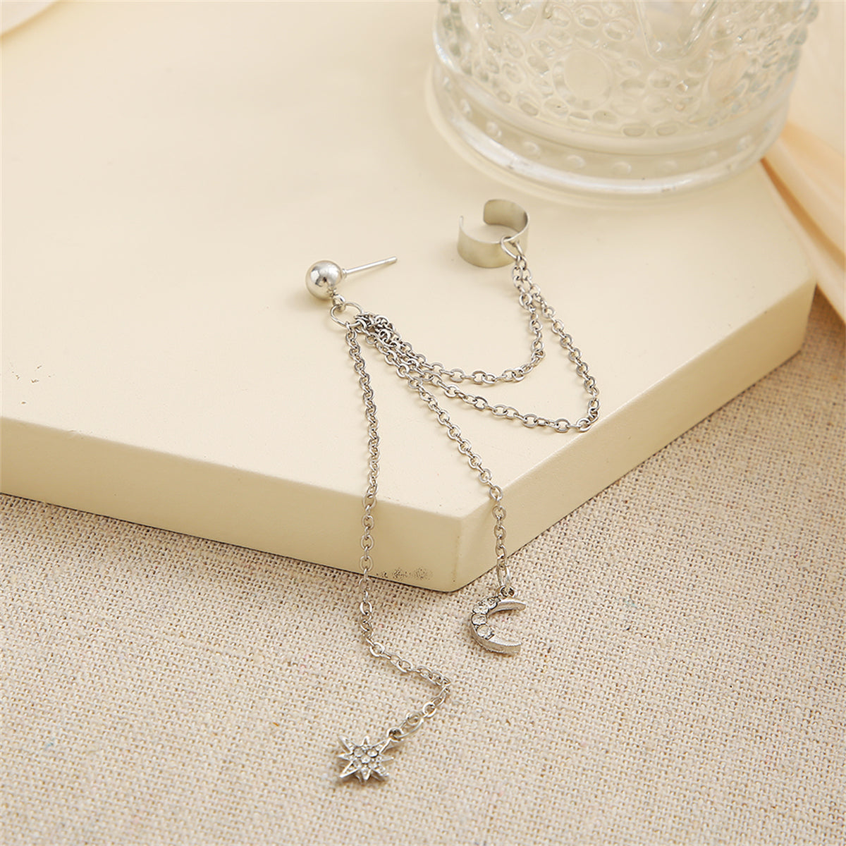 Cubic Zirconia and Silver-Plated Chain Ear Cuff and Celestial Drop Earring, silver drop earrings for women, detail close-up