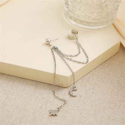 Cubic Zirconia and Silver-Plated Chain Ear Cuff and Celestial Drop Earring, silver drop earrings for women, detail close-up