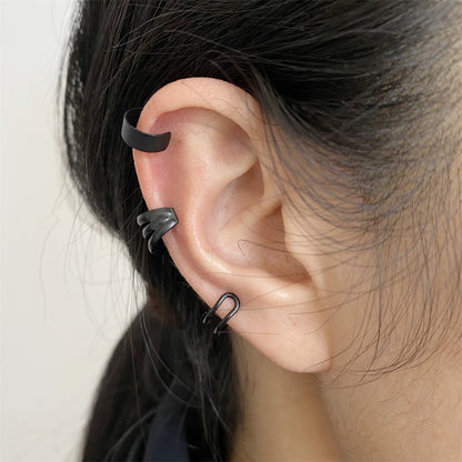 Black Layered Ear Cuff Set, stud earrings for women, elegant gift for her, front view