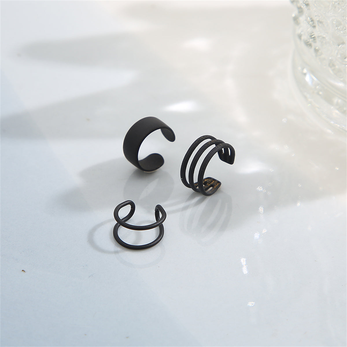 Black Layered Ear Cuff Set, stud earrings for women, elegant gift for her, side view