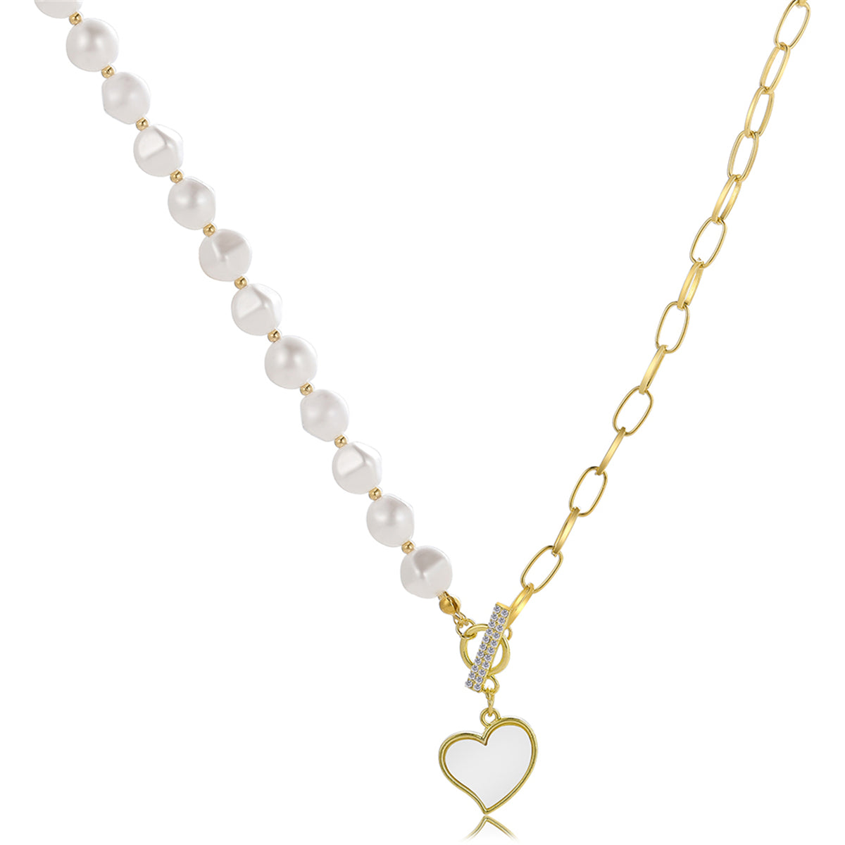 Pearl & Cubic Zirconia 18K Gold-Plated Heart Pendant Toggle Necklace