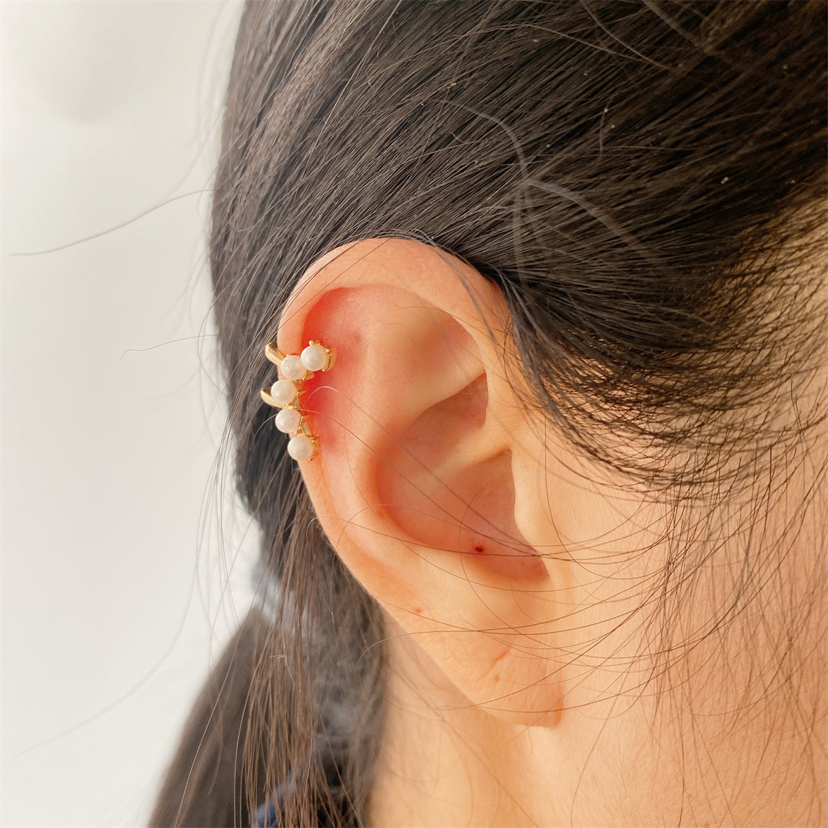 Pearl and 18K Gold-Plated Ear Cuff, gold stud earrings for women, botanical inspired, front view