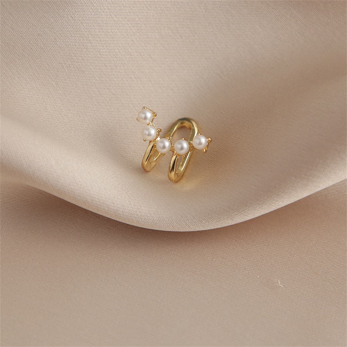 Pearl and 18K Gold-Plated Ear Cuff, gold stud earrings for women, botanical inspired, detail close-up