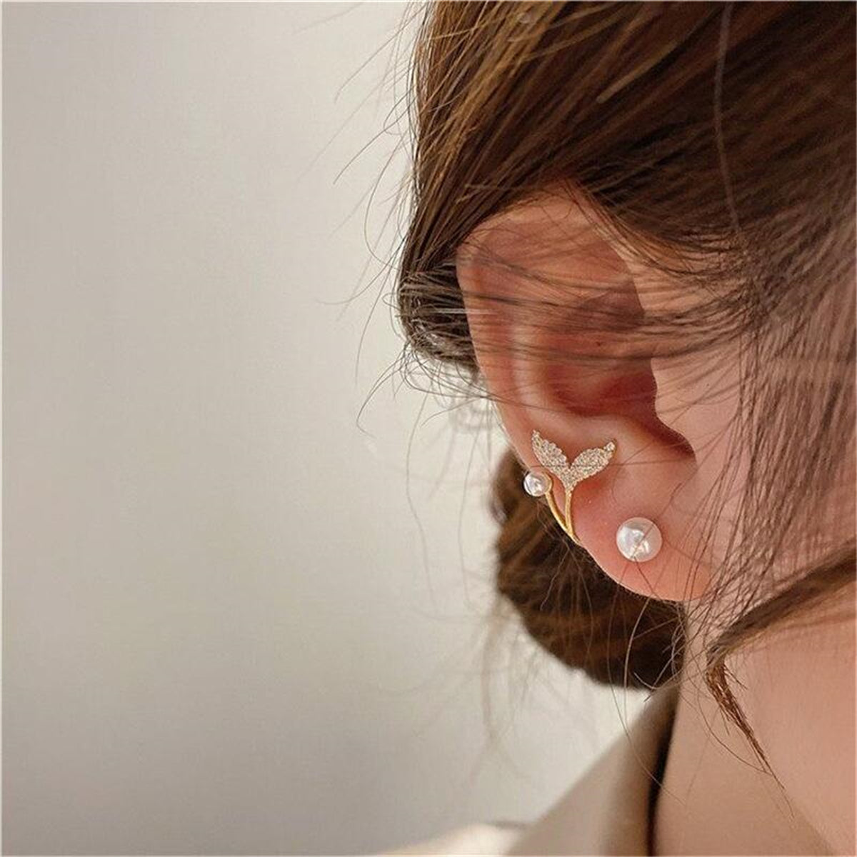 Pearl and Cubic Zirconia 18K Gold-Plated Fishtail Ear Jackets, gold stud earrings for women, botanical inspired, front view