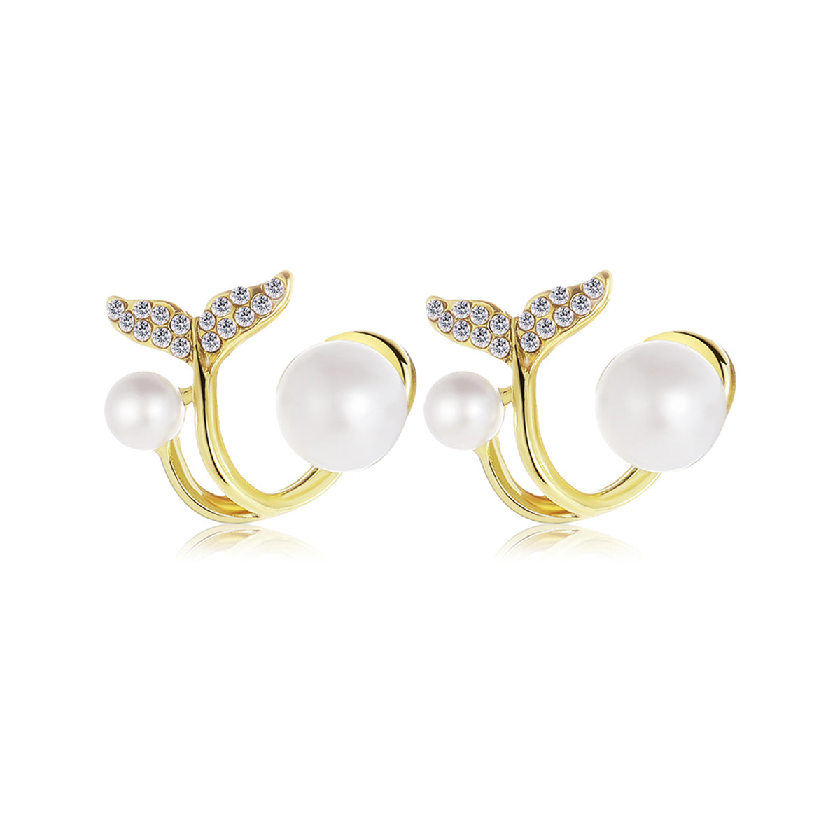 Pearl and Cubic Zirconia 18K Gold-Plated Fishtail Ear Jackets, gold stud earrings for women, botanical inspired, side view