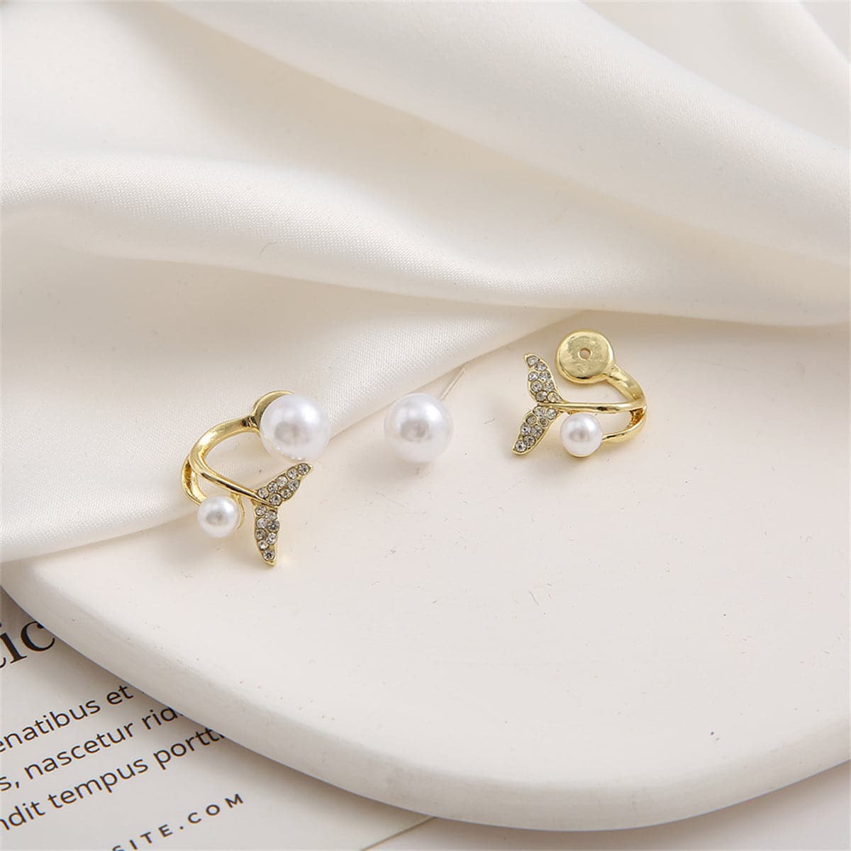 Pearl and Cubic Zirconia 18K Gold-Plated Fishtail Ear Jackets, gold stud earrings for women, detail close-up