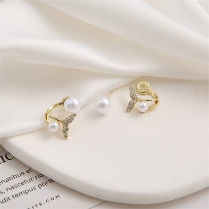 Pearl and Cubic Zirconia 18K Gold-Plated Fishtail Ear Jackets, gold stud earrings for women, detail close-up