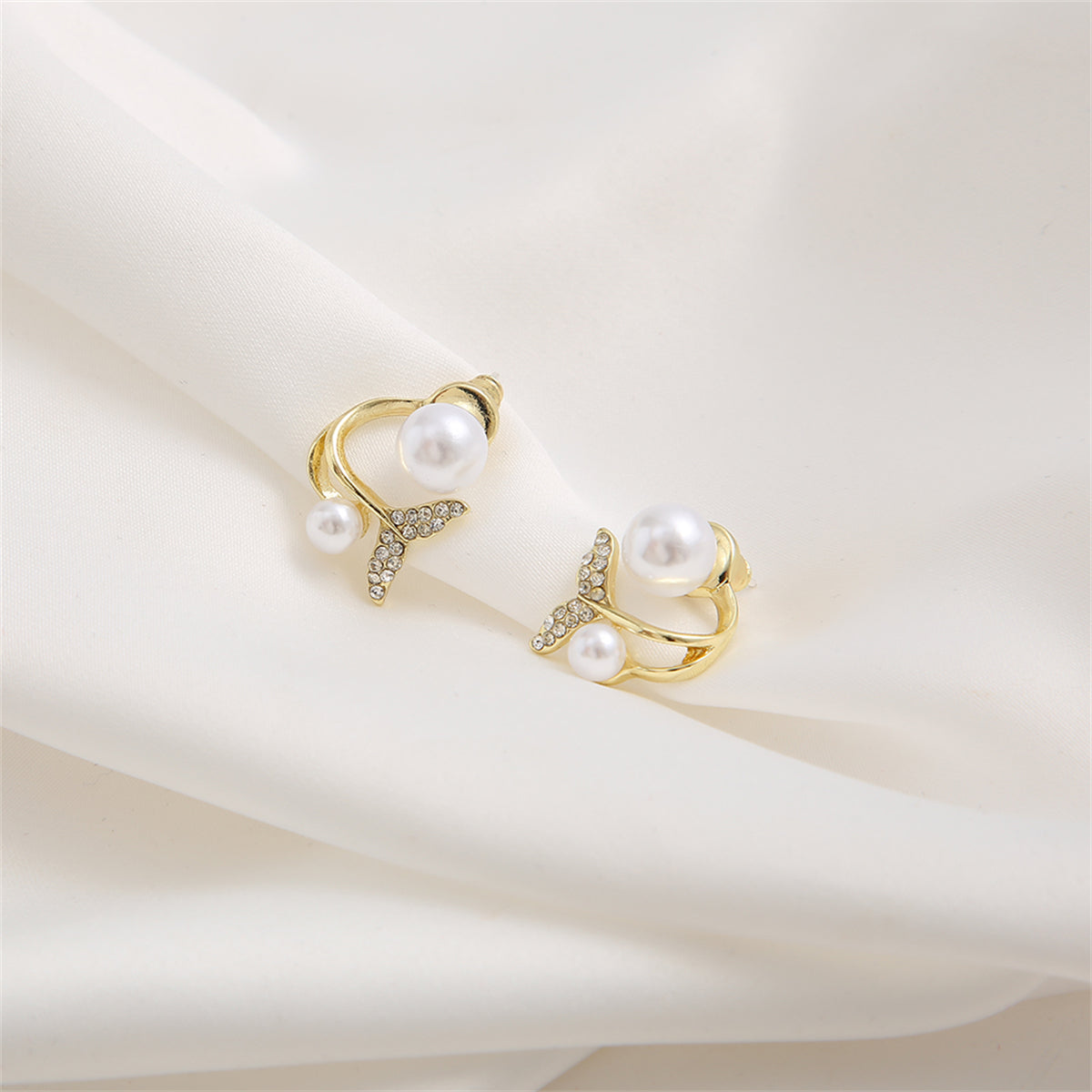 Pearl and Cubic Zirconia 18K Gold-Plated Fishtail Ear Jackets, gold stud earrings for women, lifestyle look