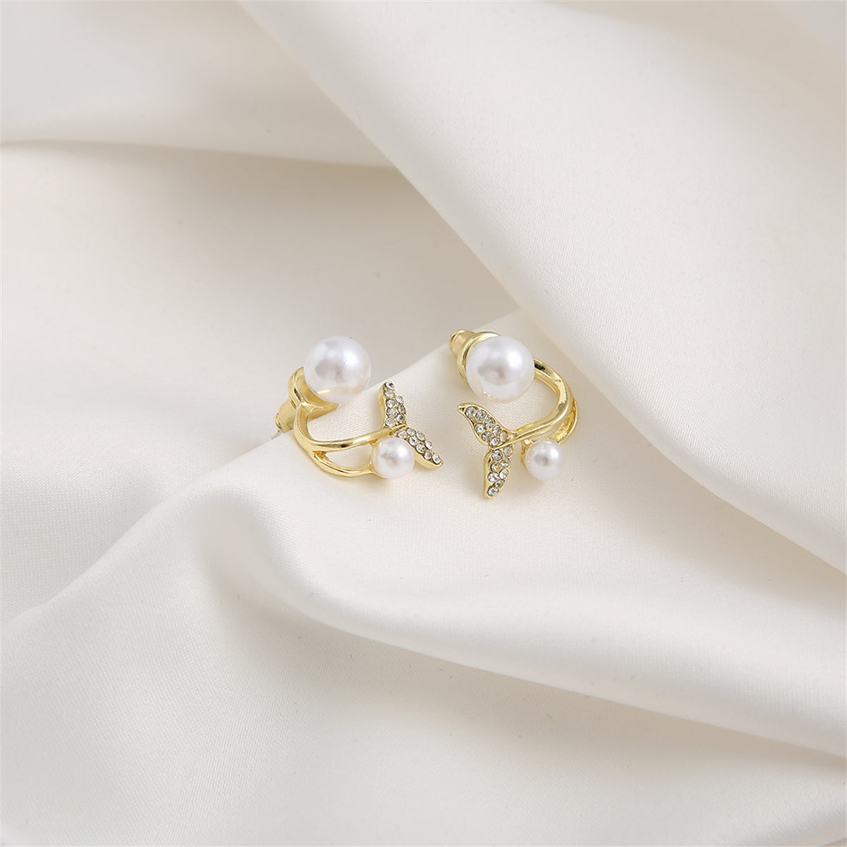 Pearl and Cubic Zirconia 18K Gold-Plated Fishtail Ear Jackets, gold stud earrings for women, botanical inspired, styled look