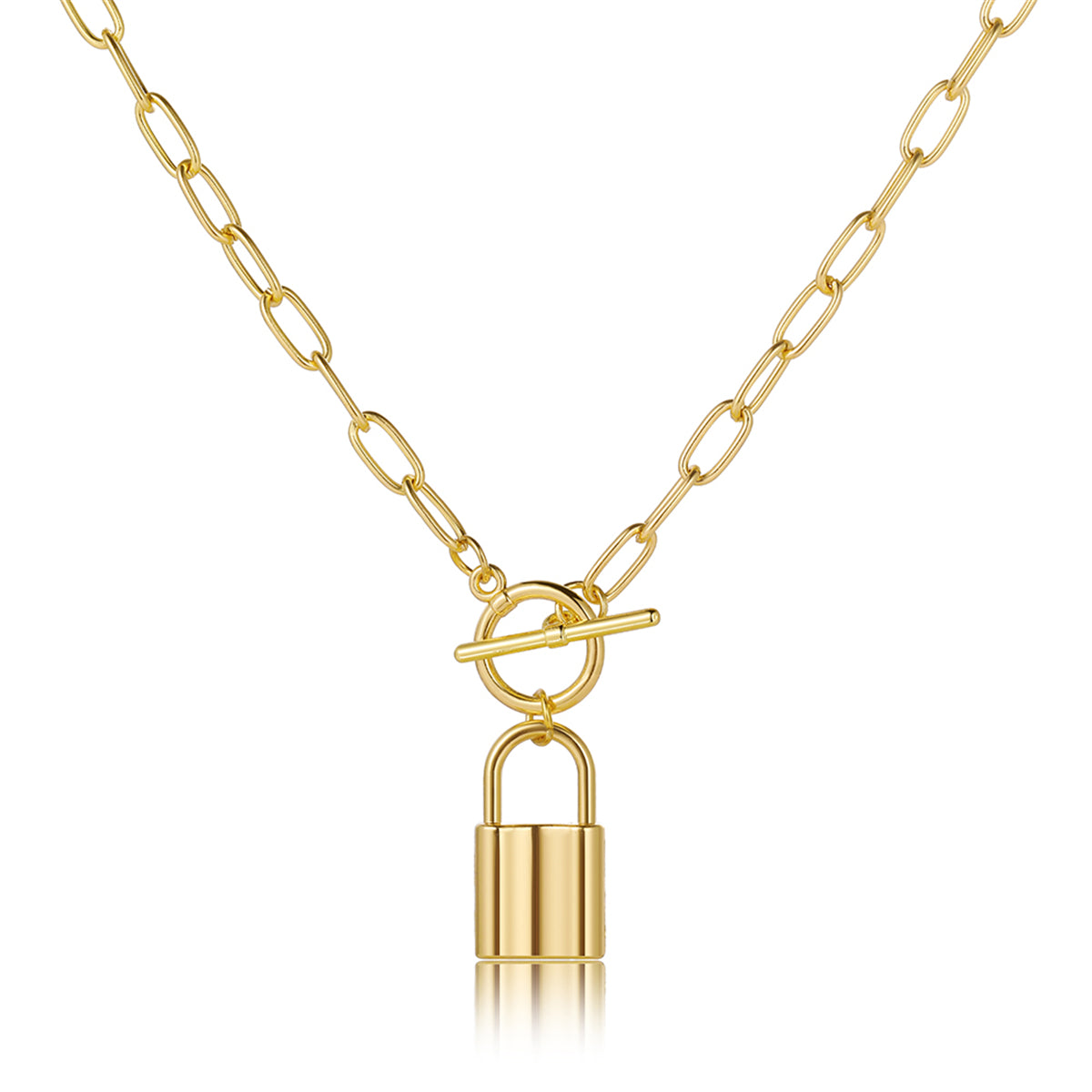 18K Gold-Plated Lock Toggle Pendant Necklace, gold pendant necklace for women, vintage-inspired design, front view
