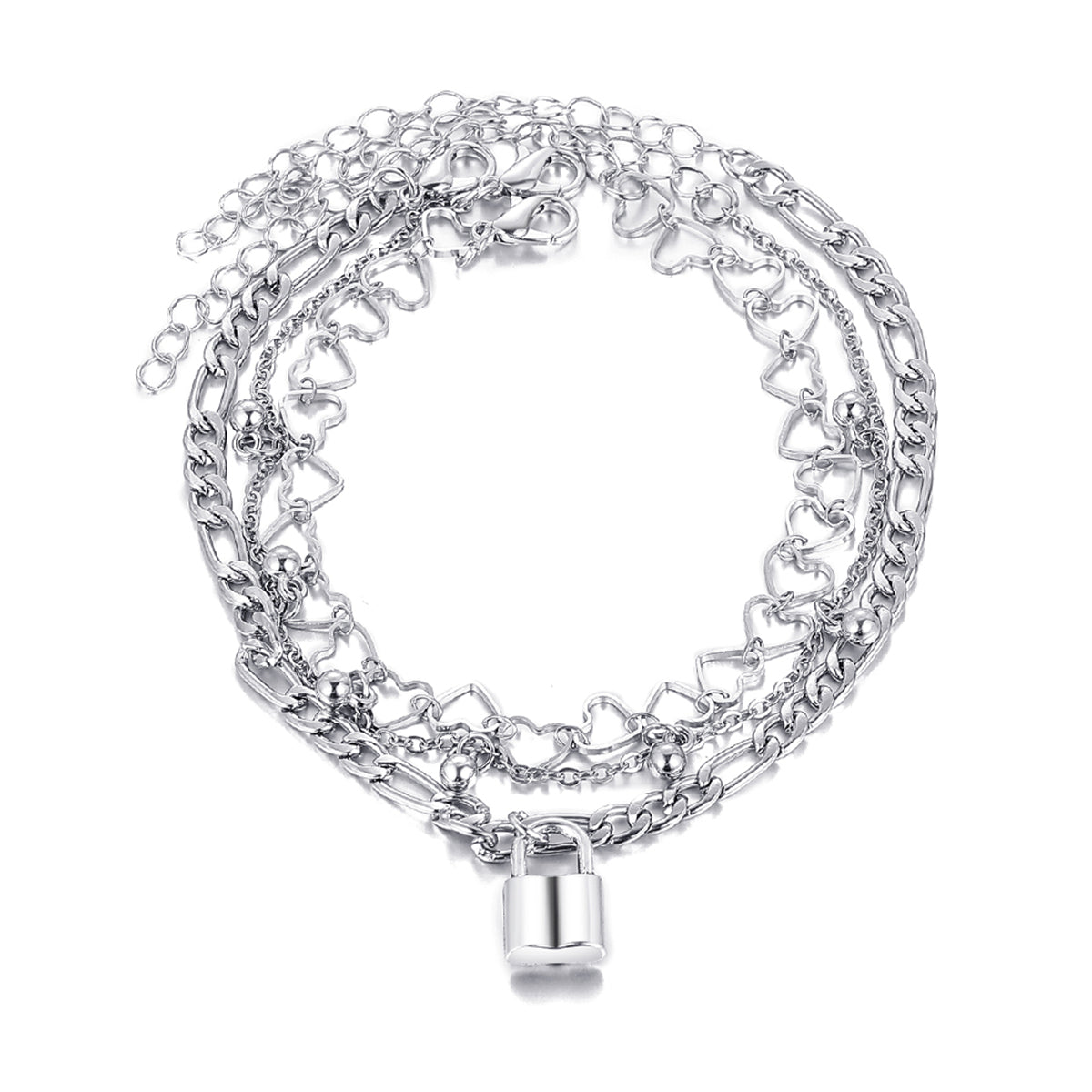 Silver-Plated Heart Chain Lock Charm Anklet Set, jewelry gift sets for women, dainty minimalist design, detail close-up