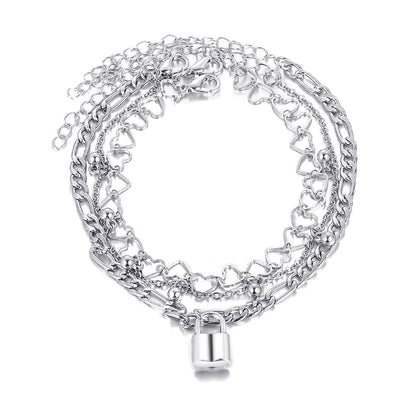 Silver-Plated Heart Chain Lock Charm Anklet Set, jewelry gift sets for women, dainty minimalist design, detail close-up