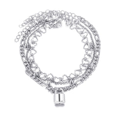 Silver-Plated Heart Chain Lock Charm Anklet Set