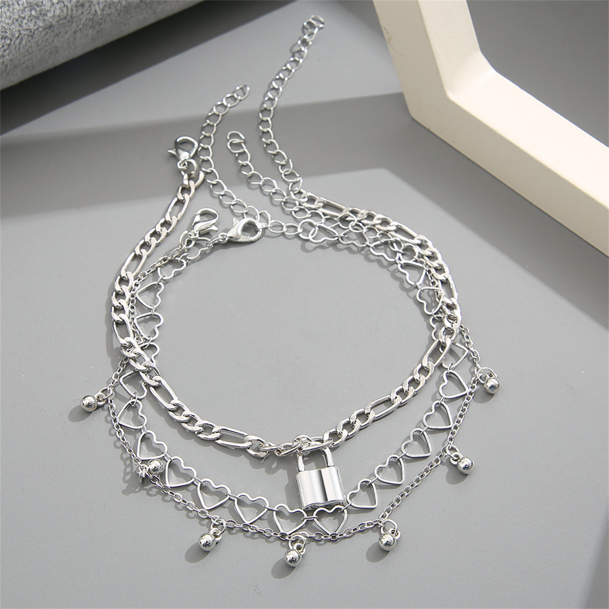 Silver-Plated Heart Chain Lock Charm Anklet Set, jewelry gift sets for women, dainty minimalist design, lifestyle look