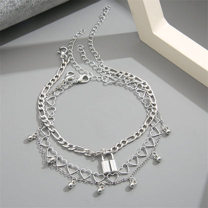Silver-Plated Heart Chain Lock Charm Anklet Set, jewelry gift sets for women, dainty minimalist design, lifestyle look