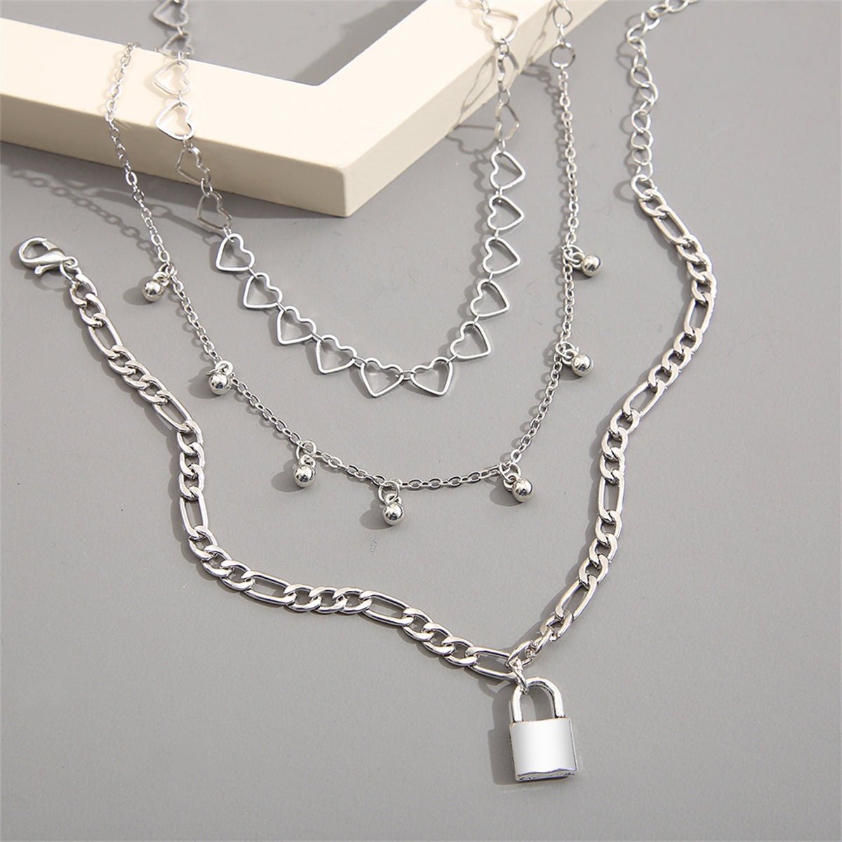 Silver-Plated Heart Chain Lock Charm Anklet Set, jewelry gift sets for women, dainty minimalist design, side view